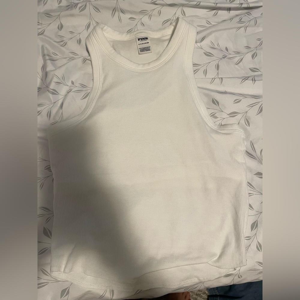 White PINK Ribbed Tank Top